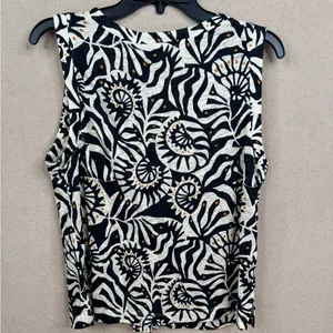 Nicole Miller Cream and Navy Blue Abstract Print Top V Neck Sleeveless Size L thumbnail 3