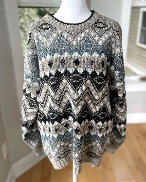 Vintage Method Blue Black Tan Fair Isle Eclectic Grandpa Crewneck Sweater Sz M thumbnail 1