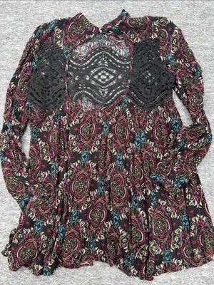 Free People Boho Lace-Panel Floral Tunic Top in Black, Burgundy, Teal thumbnail 8