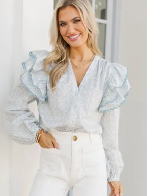 Shop The Mint Rendezvous Medallion Blouse block print top ruffle floral lace thumbnail 1