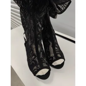 Bamboo Black Floral Lace Over The Knee Peep Toe Block Heel Boots Size 9 thumbnail 3