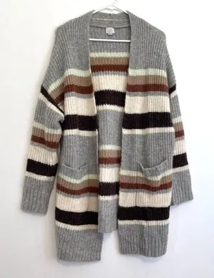 A NEW DAY Striped Open Front Cardigan Gray Cream Tan Brown Long Heavy Sweater M thumbnail 1