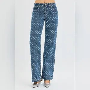 Wide Leg Blue Patterned Jeans - Women's Flare & Wide Leg thumbnail 5