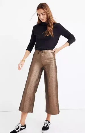 Madewell Pants Gold Metallic Shimmer Emmett Wide Leg Cropped Sz 27 - C61-116 thumbnail 1