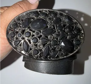 Express Black Leather‎ Black Rhinestone Buckle Cowboy Western Belt Women's Sz S thumbnail 1