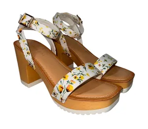 Madden Girl Caprise Block Heel Sandals White Yellow Floral thumbnail 1