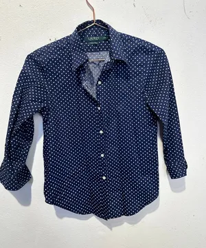 LAUREN RALPH LAUREN Navy White Polka Dot 3/4 Sleeve Button Up Shirt size P XS thumbnail 1