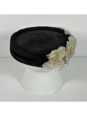 Vintage Union Made Black Pillbox Hat with Cream Floral Accents and Veil thumbnail 4
