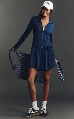 Daily Practice Taylor Corset Long Sleeve Zip Up Mini Dress in Navy Blue thumbnail 1