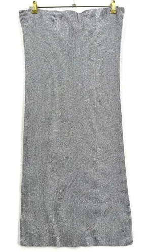 H&M Silver Metallic Ribbed Knit Midi Skirt L Stretch Pull On Party Holiday Rave thumbnail 1