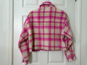 Zara Cropped Plaid Shacket Jacket Pink Cream Fuzzy Cozy Preppy Fall Size S thumbnail 3