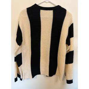 Unbranded Waffle Knit Sweater Women M Black Cream Excellent Striped Pullover thumbnail 6
