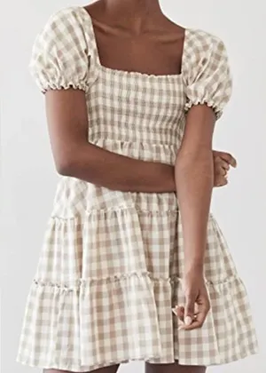 Peixoto Coco Beige and White Gingham Puff Sleeve Mini Dress Size Small thumbnail 1