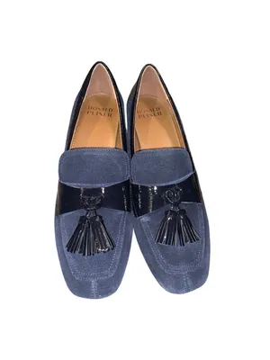 Donald Pliner 8 Kressida Tassel Loafer Pumps Blue Suede patent Block Heel Chunky thumbnail 2