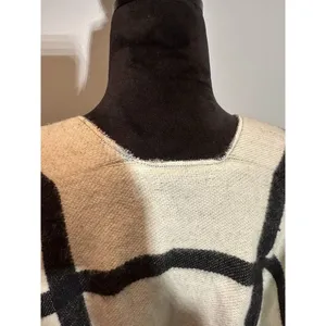 LOFT Poncho Cape Knit Sweater Ivory/Black Windowpane Check Acrylic Size M/L thumbnail 4