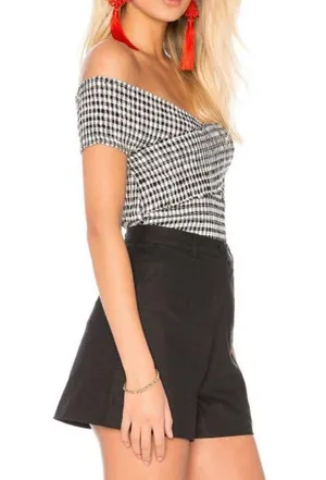 Revolve Cupcakes Cashmere Bowman Top Off-The-Shoulder Smocked Gingham Wrap Bardot Blouse thumbnail 3