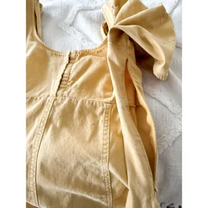 Free People | Cheyenne Denim Mini Dress Sand Dune Yellow Puff Sleeve | Sz L thumbnail 11