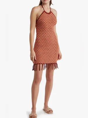 Lush Crochet Knit Halter Mini Dress Fringe Hem Boho Festival Size S thumbnail 2