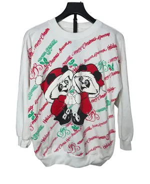 Vintage Christmas Panda Graphic Sweatshirt White Red Green Holiday Pullover L thumbnail 1