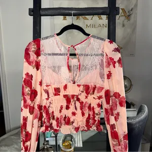 Free People Daphne Floral Lace Smocked Long Sleeve Blouse Romantic Combo Size XS thumbnail 11