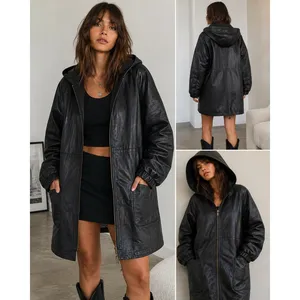 Venezia Vintage Black Leather Hooded Parka Jacket Womens Large 02-9438-9 Zip Up thumbnail 2