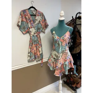 Cinema Etoile Vintage 2 Piece Nightgown Kimono Robe Set Floral Chain Print M/L thumbnail 2