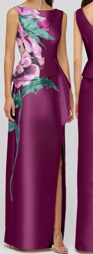 NEW NEW, Kay Unger Luciana Placed Floral Column Sleeveless Gown Mulberry Sz 0 thumbnail 1