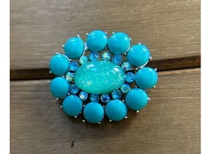 Faux turquoise/opal brooch aqua blue and silver back thumbnail 5