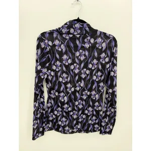 WHBM Purple Iris Floral Mesh Mock Neck Top Small Black Grunge Festival Boho Art thumbnail 2