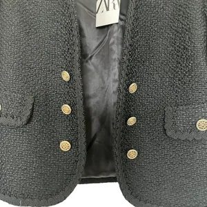 Zara Black Tweed Double Breasted Open Collarless Blazer Jacket Size XS NWT thumbnail 5