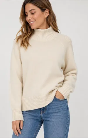 LOFT Women’s Small Ivory Mock Neck Sweater Ribbed Trim Soft Knit Pullover thumbnail 1