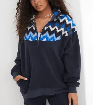 Aerie Hometown Holiday Blue Sherpa Quarter Zip Sweatshirt XL thumbnail 1