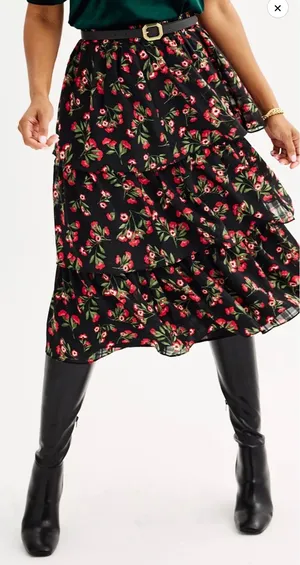 Draper James RSVP Black Red Floral Tiered Midi Skirt Elastic Waist Large L thumbnail 1