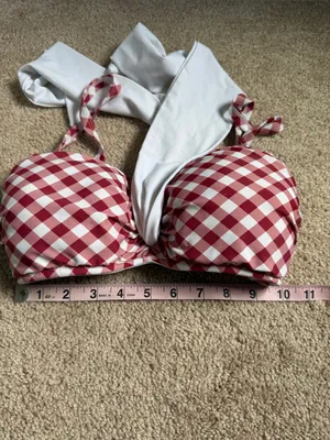 Unique Vintage Red & White Gingham Retro Bikini Top With Large White Bow thumbnail 8