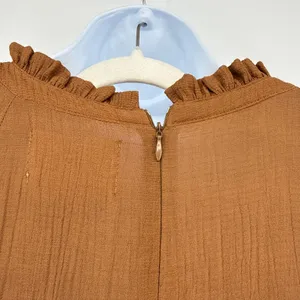 MOON RIVER Crochet Lace Bodice‎ Mini Dress Large Brown Crinkle Ruffle Boho Shift thumbnail 6