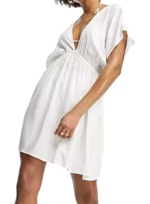 ASOS Design Tall Flutter Sleeve Mini Beach Dress in White, Size 0​​​​ thumbnail 1