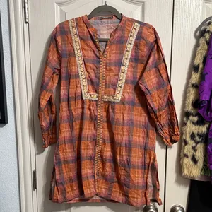 Earthy‎ Plaid Embroidered Trim Boho Tunic Cottagecore Lagenlook Natural Fibers thumbnail 2