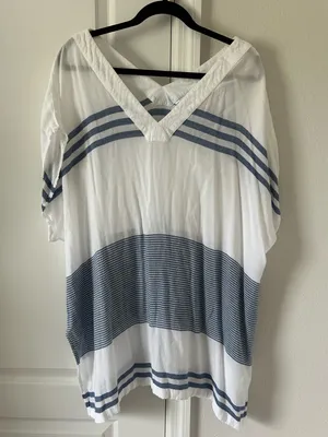 Southern Tide White & Blue V-Neck Striped Tunic Cover-up thumbnail 1