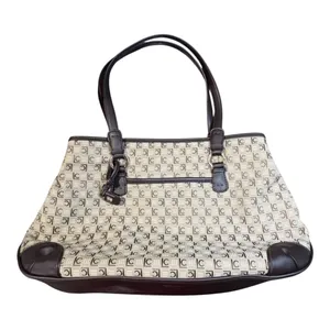 Liz Claiborne Tote Bag Womens Large‎ Beige Brown Monogram Jacquard Satchel Purse thumbnail 2