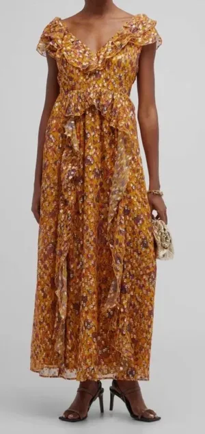 Marie Oliver Women's Yellow Jayda Silk Floral Metallic-Dot Gown Dress Sz 2 thumbnail 1