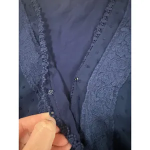 Mi Ami Navy Blue Swiss‎ Dot Lace Trim Faux Wrap Long Sleeve Blouse Medium thumbnail 12