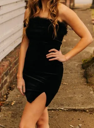 black dress with feather top thumbnail 2
