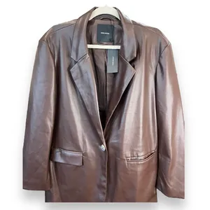 Vero Moda Blazer‎ Size M Olivia Faux Leather Blazer in Coffee Bean Pockets NWT thumbnail 2