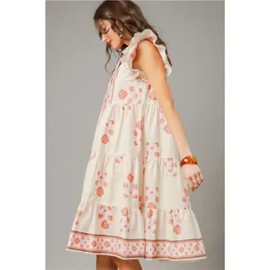 Umgee Printed Tie Neck‎ Ruffle Cap Sleeve Dress thumbnail 3