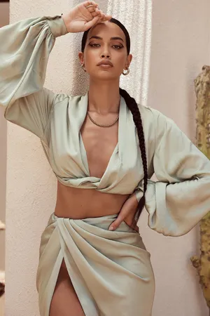 House Of CB TOSCA SAGE SILKY SATIN PLUNGE BLOUSON TOP & CONSTANCE SAGE SILKY SATIN DRAPED SKIRT set in sage thumbnail 9