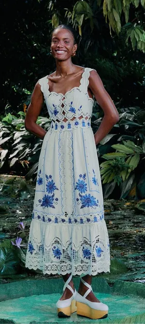 NWT Farm Rio Off-White Richelieu Sunflower Embroidered Midi Dress M thumbnail 1