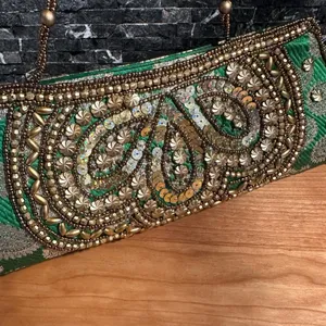 Evening Bag Beaded Sequin Clutch India Purse Green Gold Prom Formal thumbnail 3