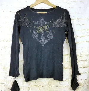 VTG Sinful Affliction Thermal Waffle Top Women M Black Destroyed Bird Tattoo Y2K thumbnail 1