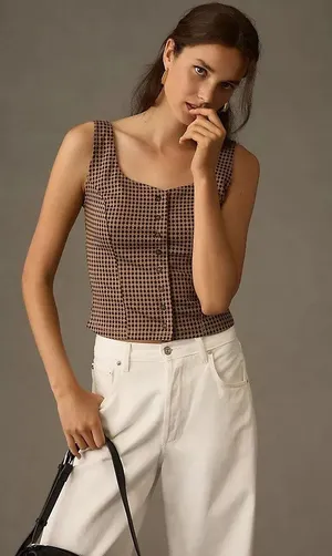 Maeve x Anthropologie Brown Checkered Jacquard Bustier Tank Top Size Large thumbnail 1