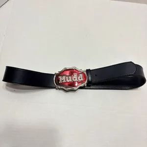 Vtg MUDD Rhinestone Spellout Belt Black Leather Red Enamel Big Statement Buckle thumbnail 5